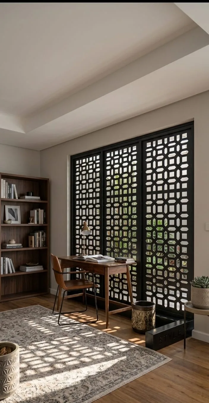 Black laser cut screen panels dividing a home office, throwing patterned sunlight across the rug