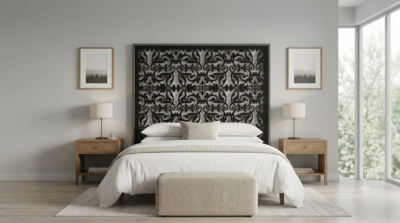A black cut damask pattern headboard in a pale frame above a made bed