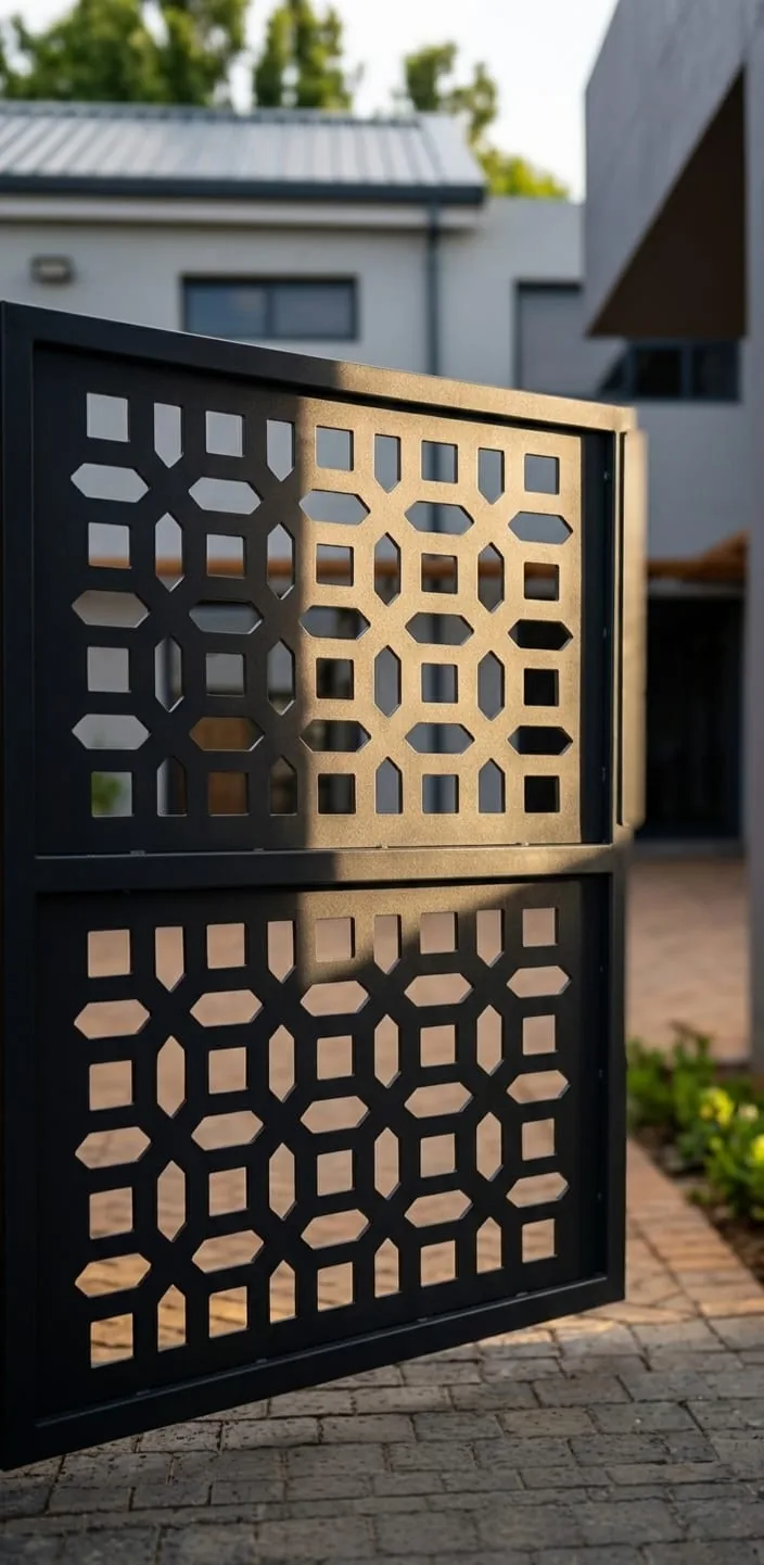 Black and gold geometric laser cut gate panels at a house entrance