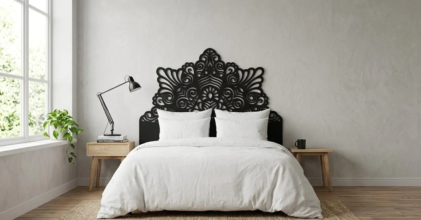A black carved crown pattern headboard above a bed with white linen