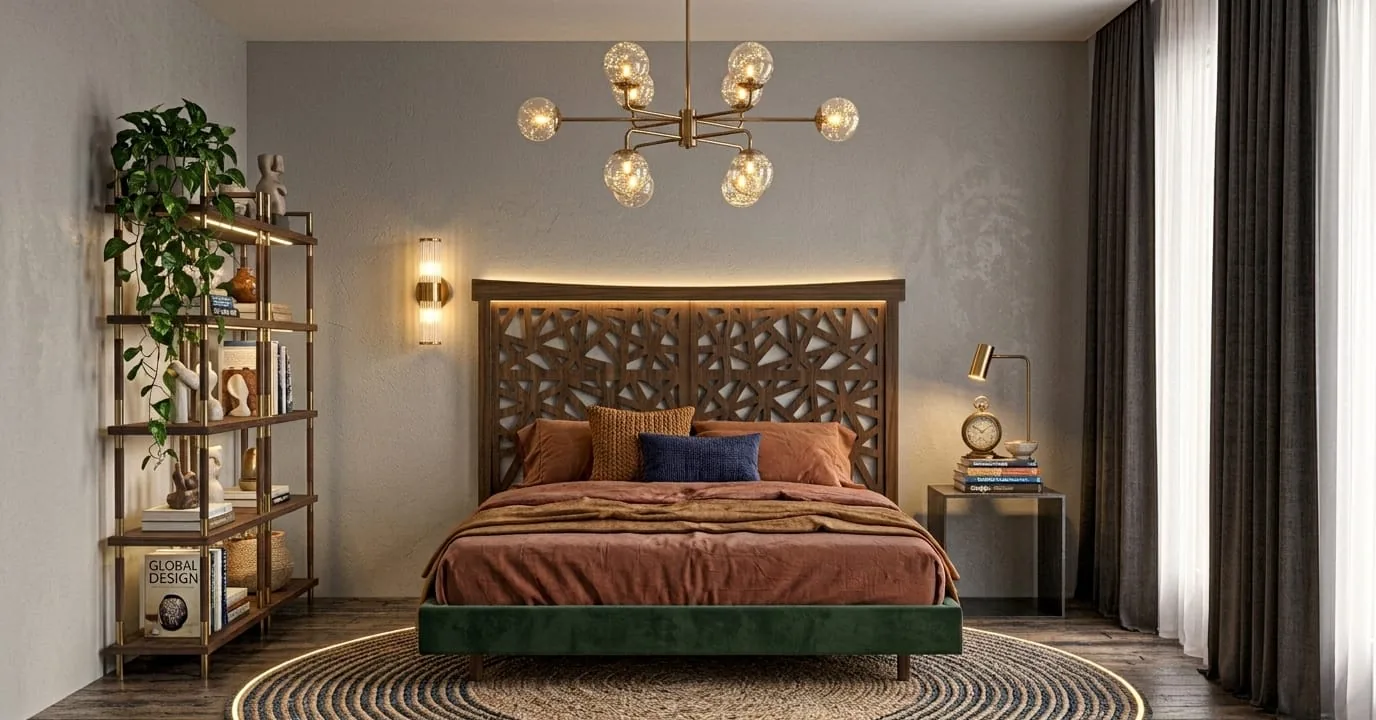 A carved timber arched headboard above a bed dressed in terracotta linen