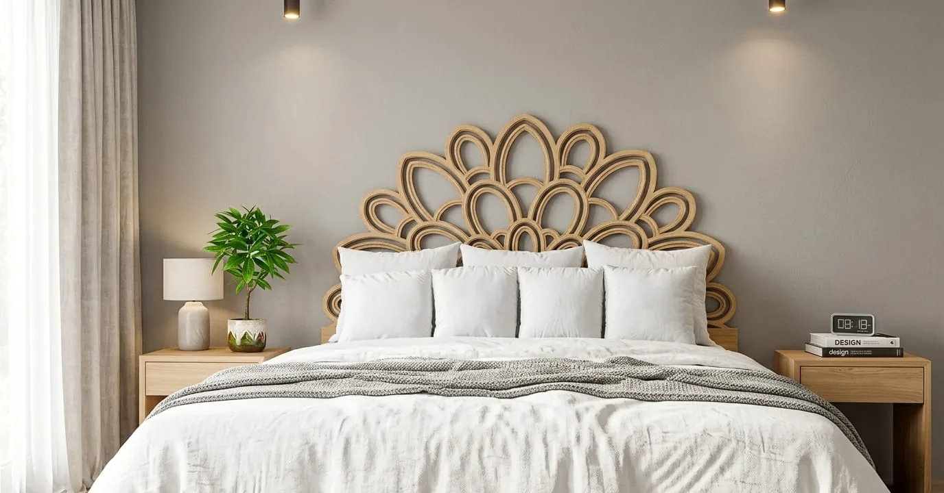 A gold lotus petal fan headboard above a bed with white linen