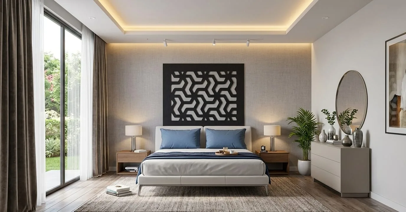 A black square maze pattern headboard panel above a bed with blue cushions