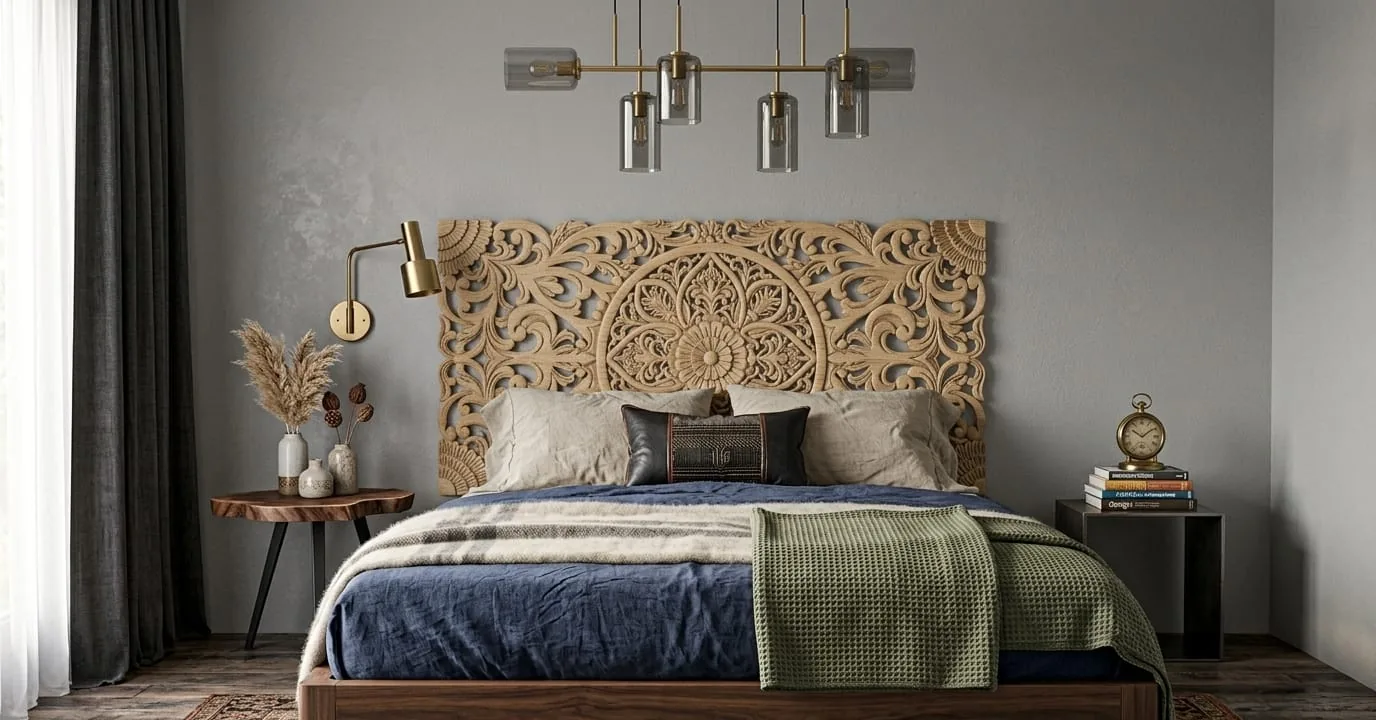 A wide carved timber mandala headboard above a bed with blue and green bedding