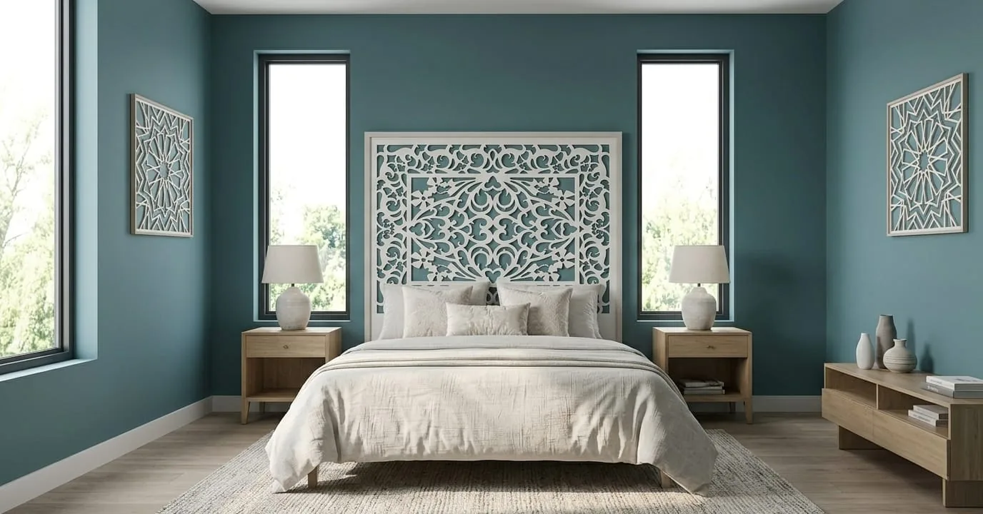 A white cut headboard with two matching wall panels against teal bedroom walls