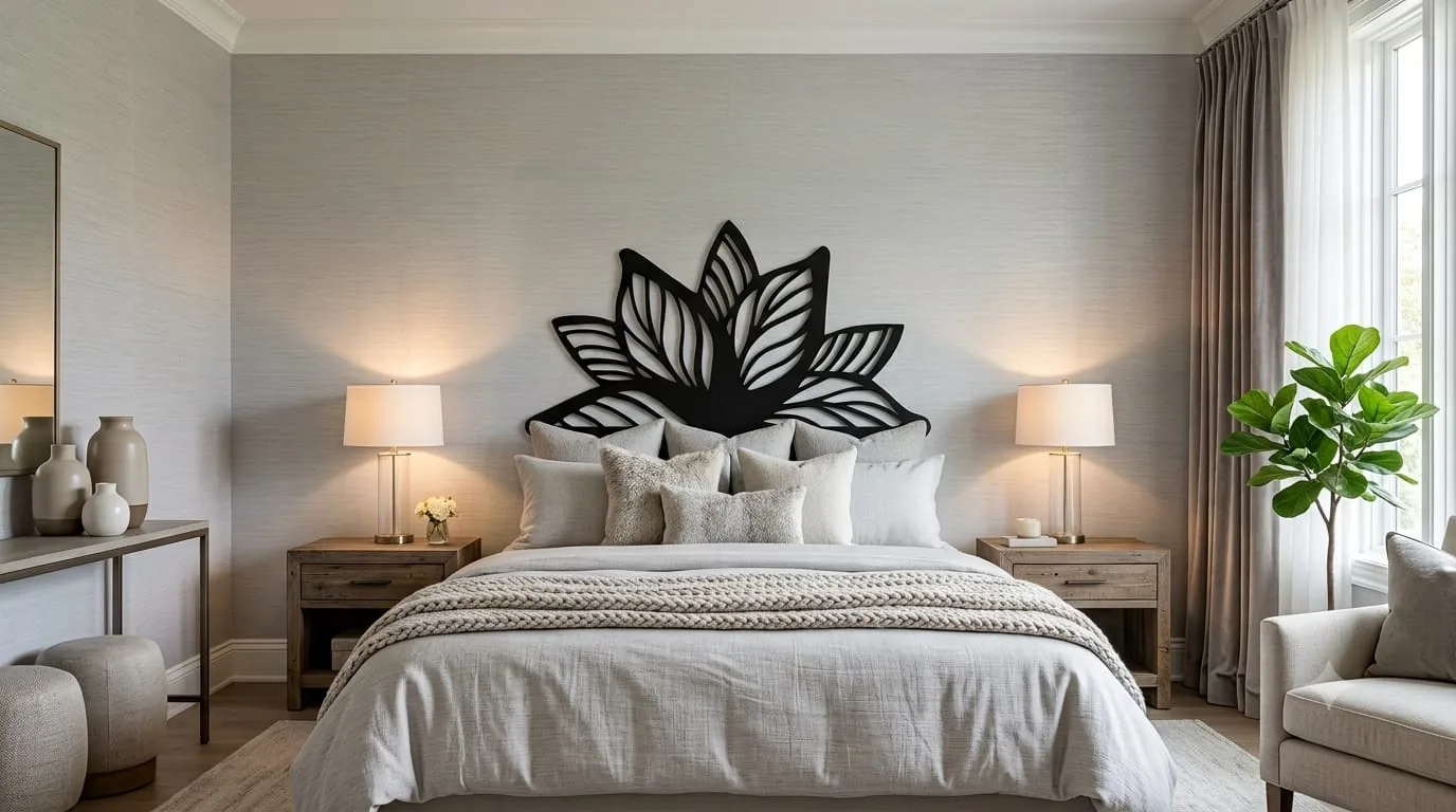 A black cut lotus flower panel mounted above a bed between two lamps