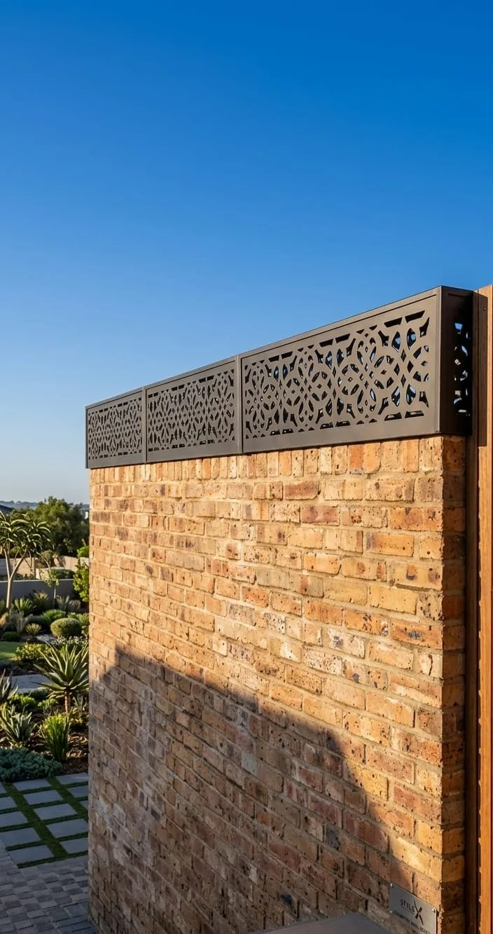 A decorative cut screen panel topping a brick boundary wall against a blue sky