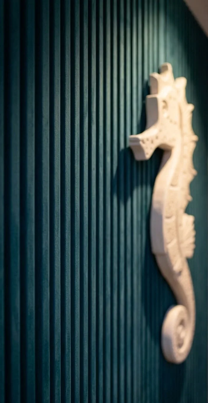 A white cut seahorse mounted on dark teal fluted wall cladding