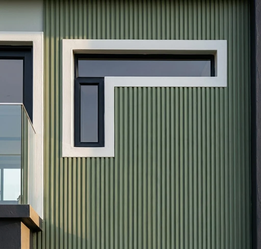 Green fluted cladding running across a building facade around a white framed window