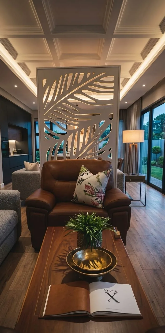 A white leaf pattern cut divider panel between a lounge and a passage