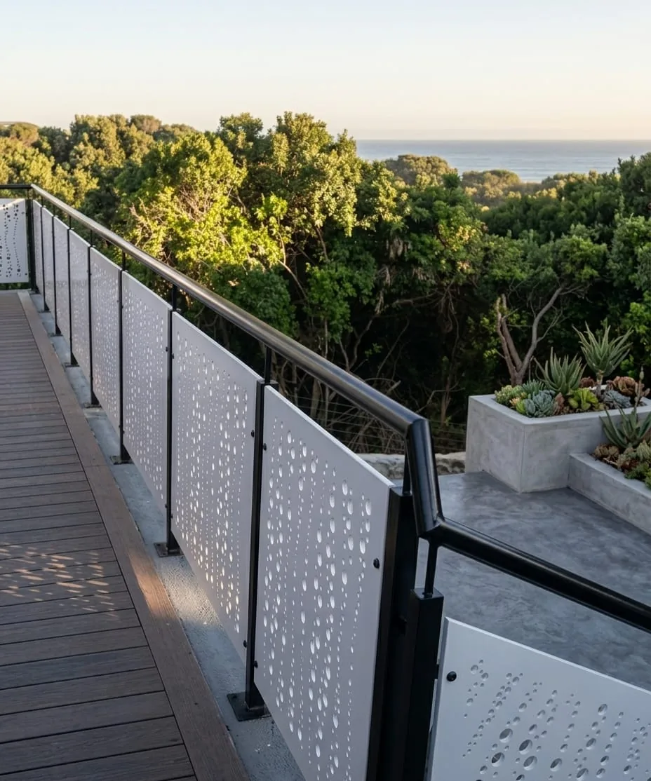 White perforated balustrade infill panels along a raised timber walkway overlooking trees