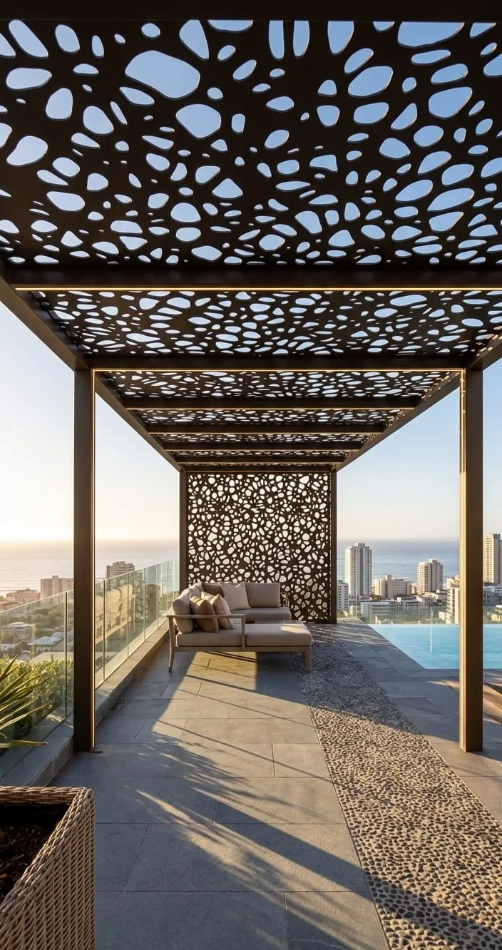 A pergola with organic pattern cut roof panels and a matching screen on a rooftop patio