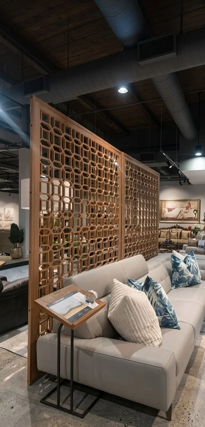 A timber lattice room divider standing behind a sofa in a showroom