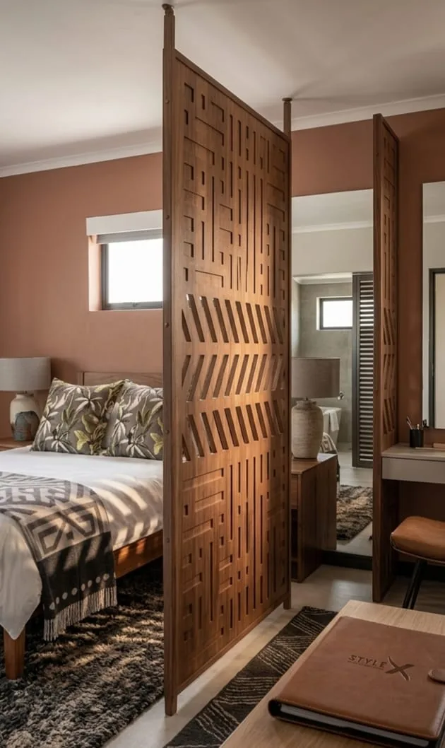 A timber cut screen dividing a bedroom from its dressing area