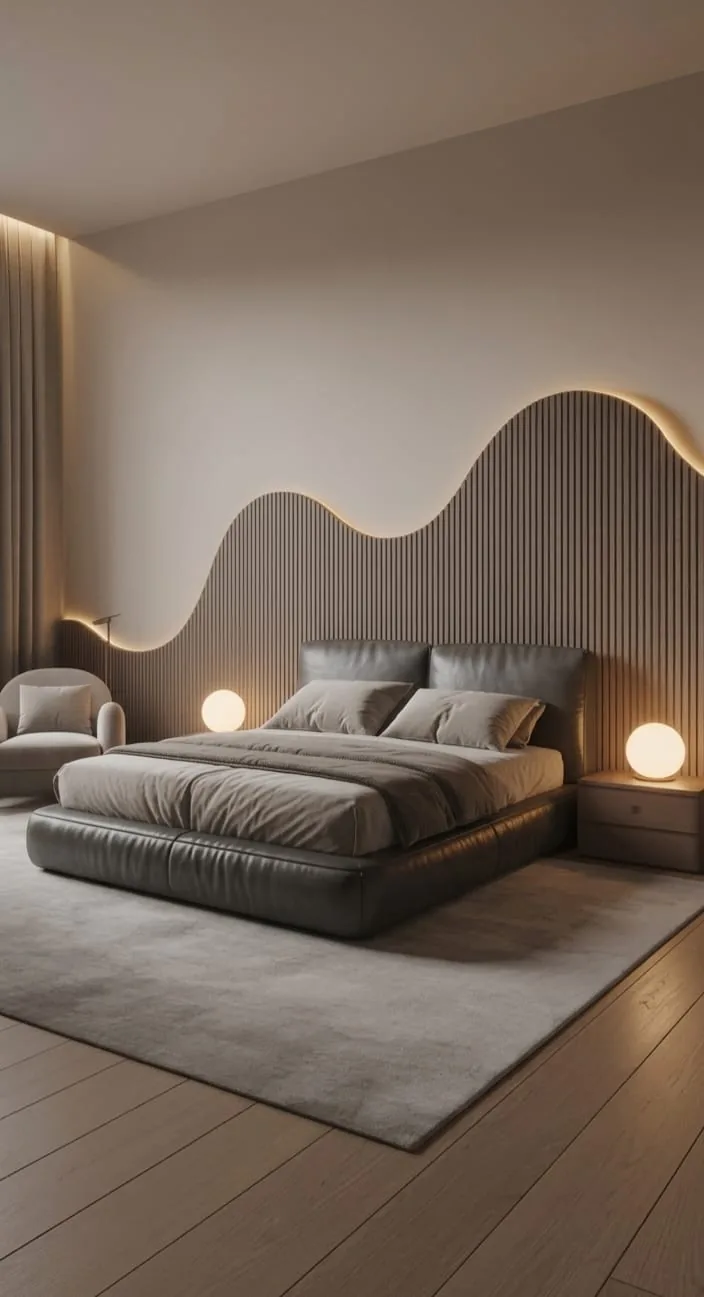 A curved slat feature wall with warm strip lighting behind a low grey bed