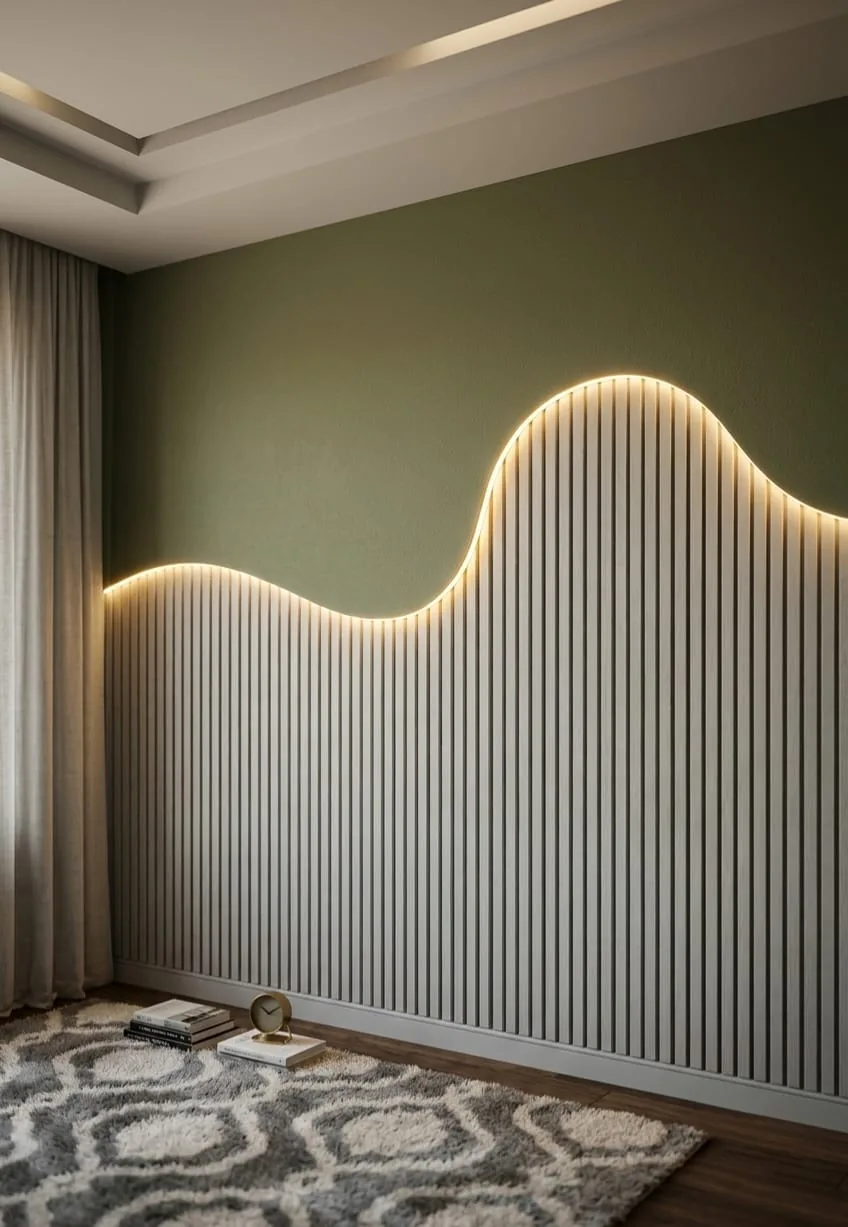 A white slat wall cut to a wave along the top, lit along the curve, against an olive green wall