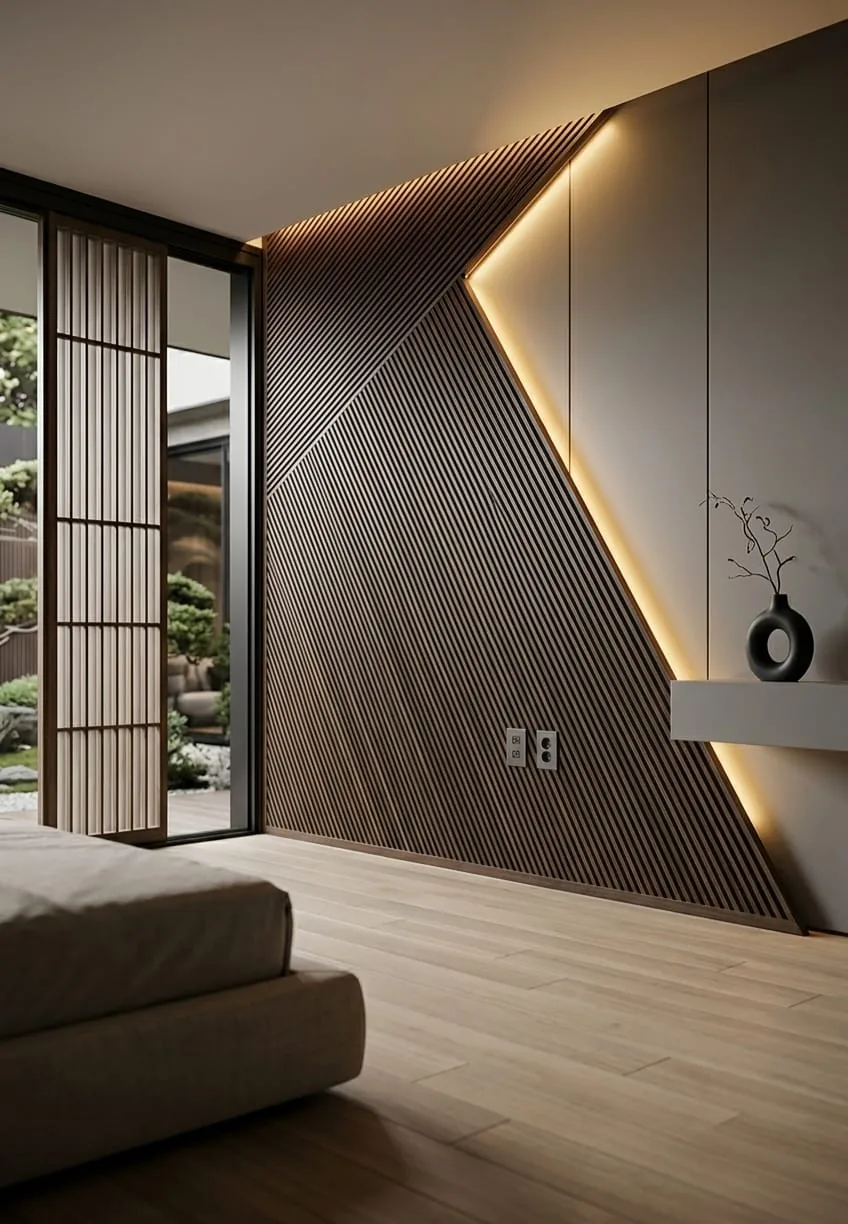 A timber slat entrance wall set on the diagonal with a lit angular edge