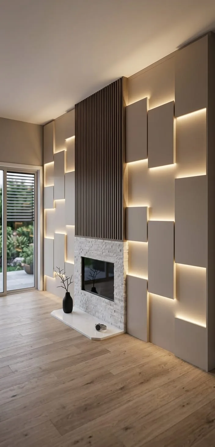 Backlit rectangular wall panels either side of a slat clad fireplace column