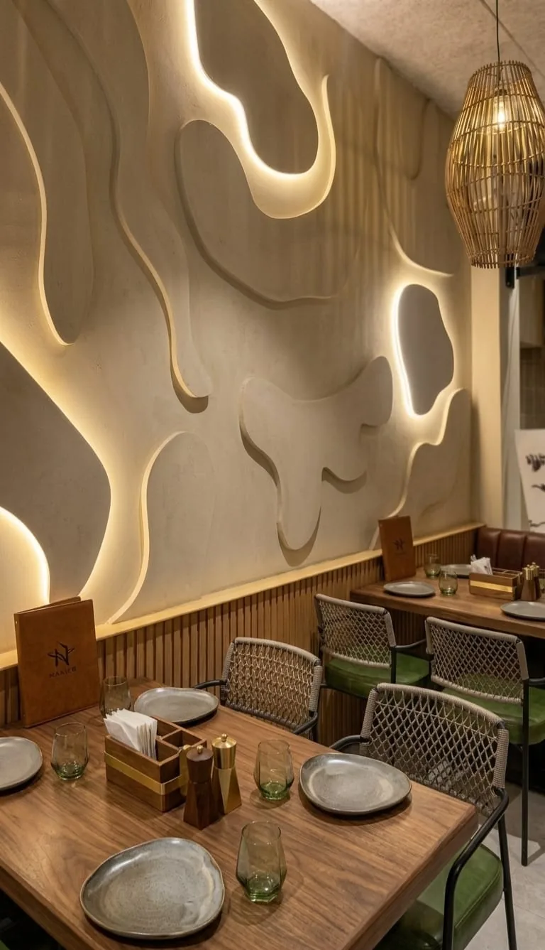 A carved organic relief feature wall lit from behind its curves above restaurant seating
