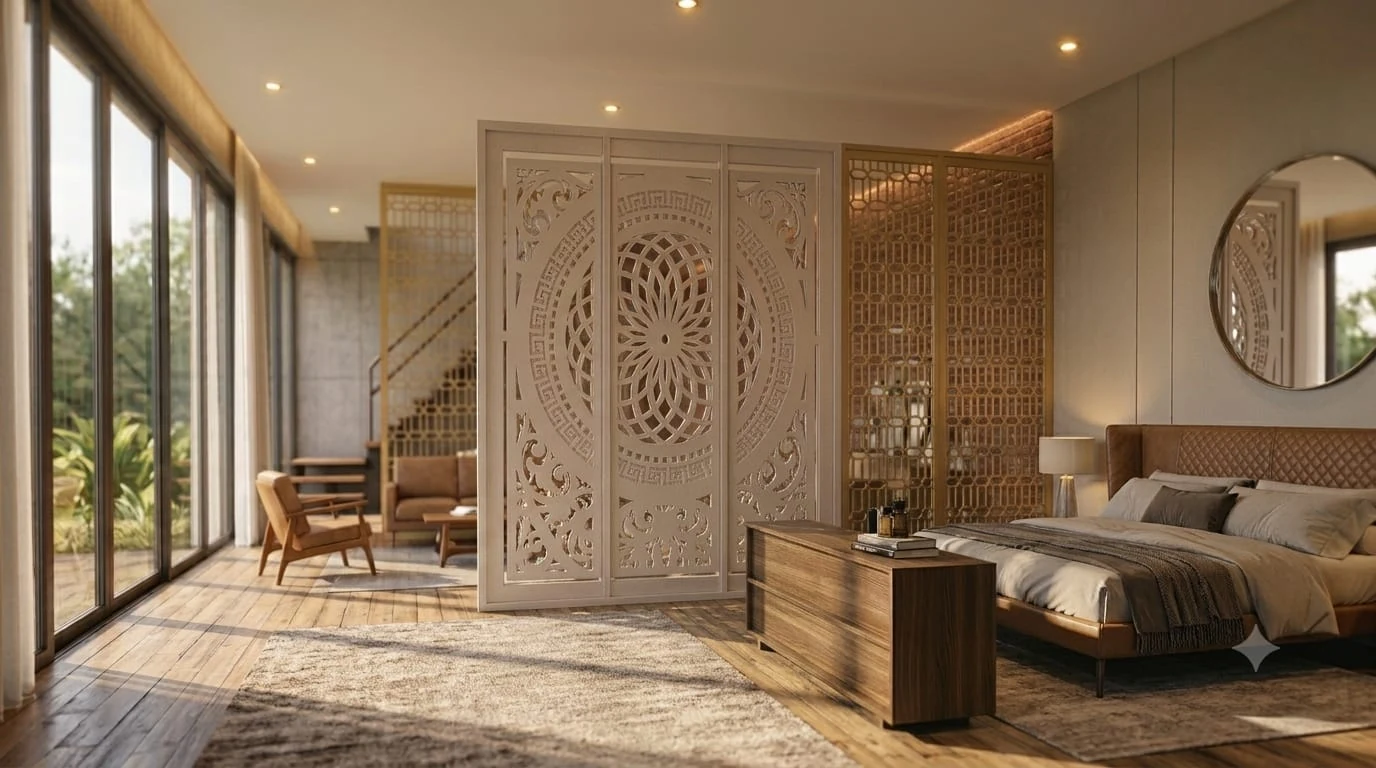 A carved white room divider separating a bedroom from an open plan lounge
