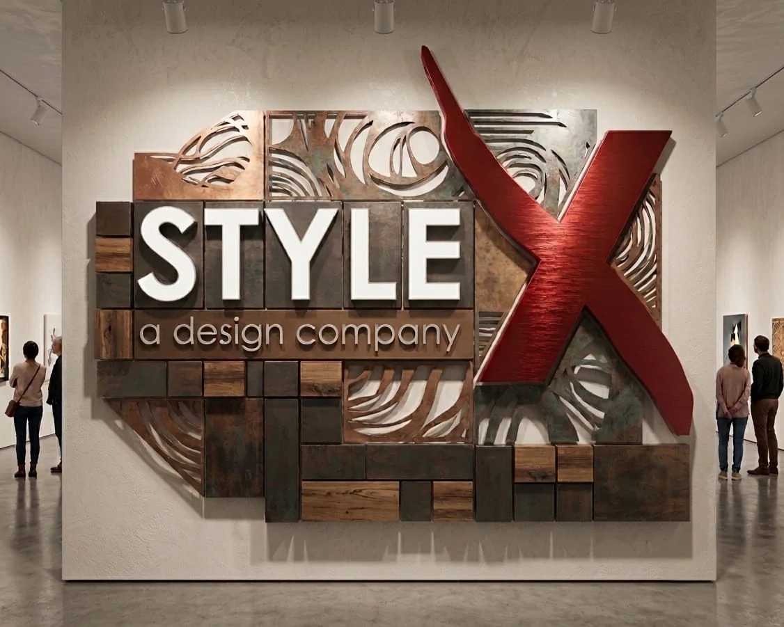 The StyleX signage wall, cut and assembled in timber and steel with the red X