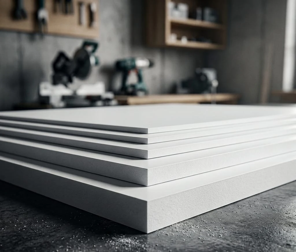 Stacked white StyleX PVC composite foam boards in a workshop