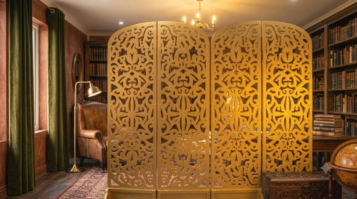 A gold four panel laser cut folding screen in a study